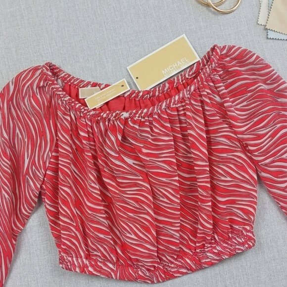 Michael Michael Kors Zebra Print Off Shoulder Blouse NWT Red White Resort S - Picture 8 of 10